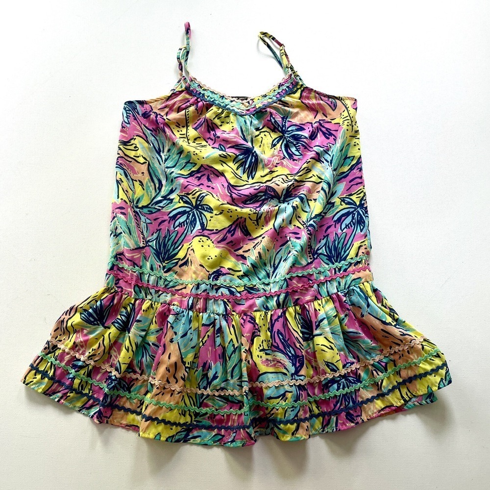 America & Beyond Sundress Women's Small Pink Yellow Ruffle Hem Spaghetti Strap